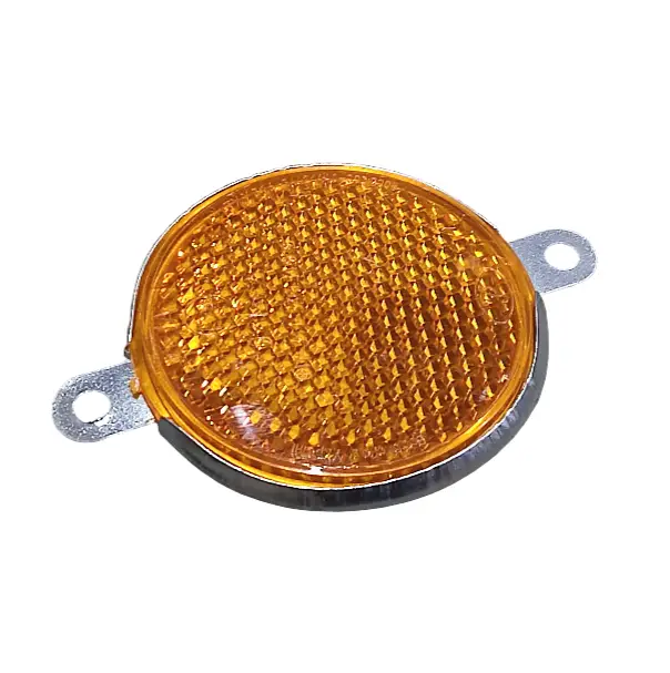 Atšvaistas metalinis apvalus, geltonas (su auselėm) Reflector metal round, yellow (with 2 fixing holes)