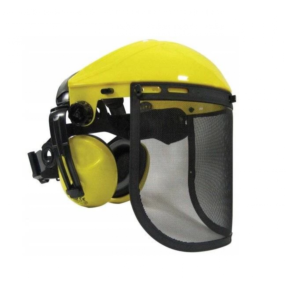 Protective face shield with mesh and earmuffs